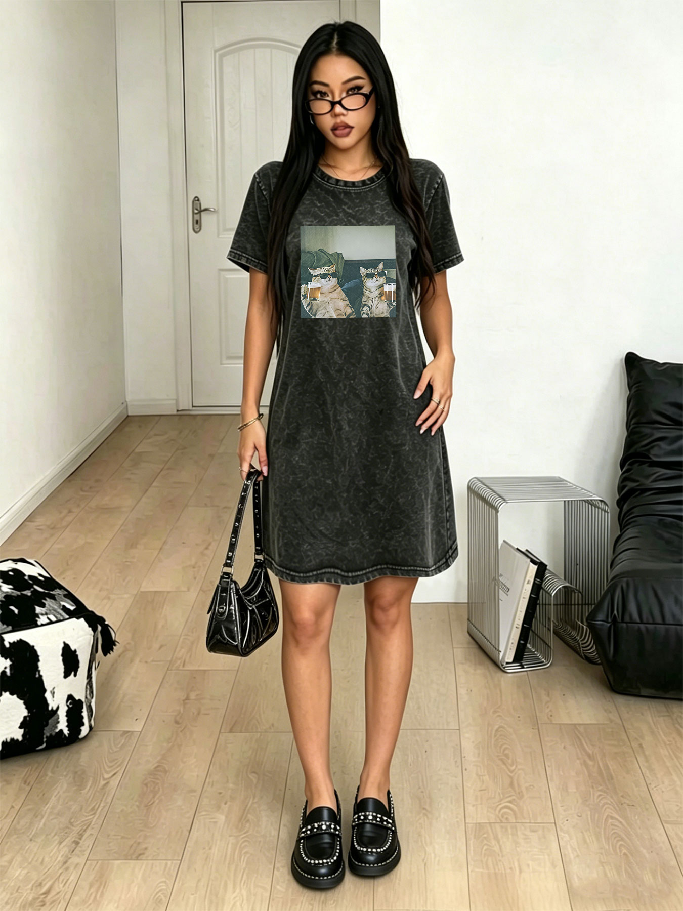 Streetwear Brand Cat - Vintage gewassen distressed T-shirtjurk voor dames,