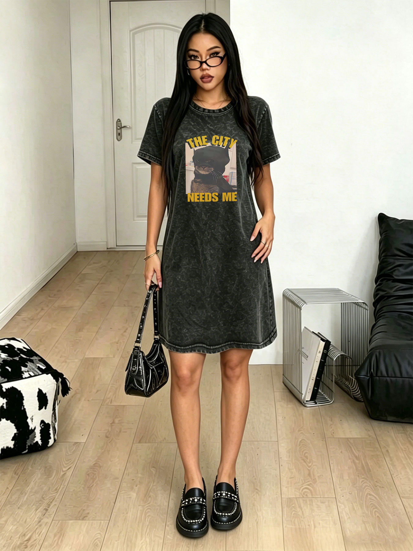 Streetwear Brand Cat - Vintage gewassen, verweerde T-shirtjurk voor dames,